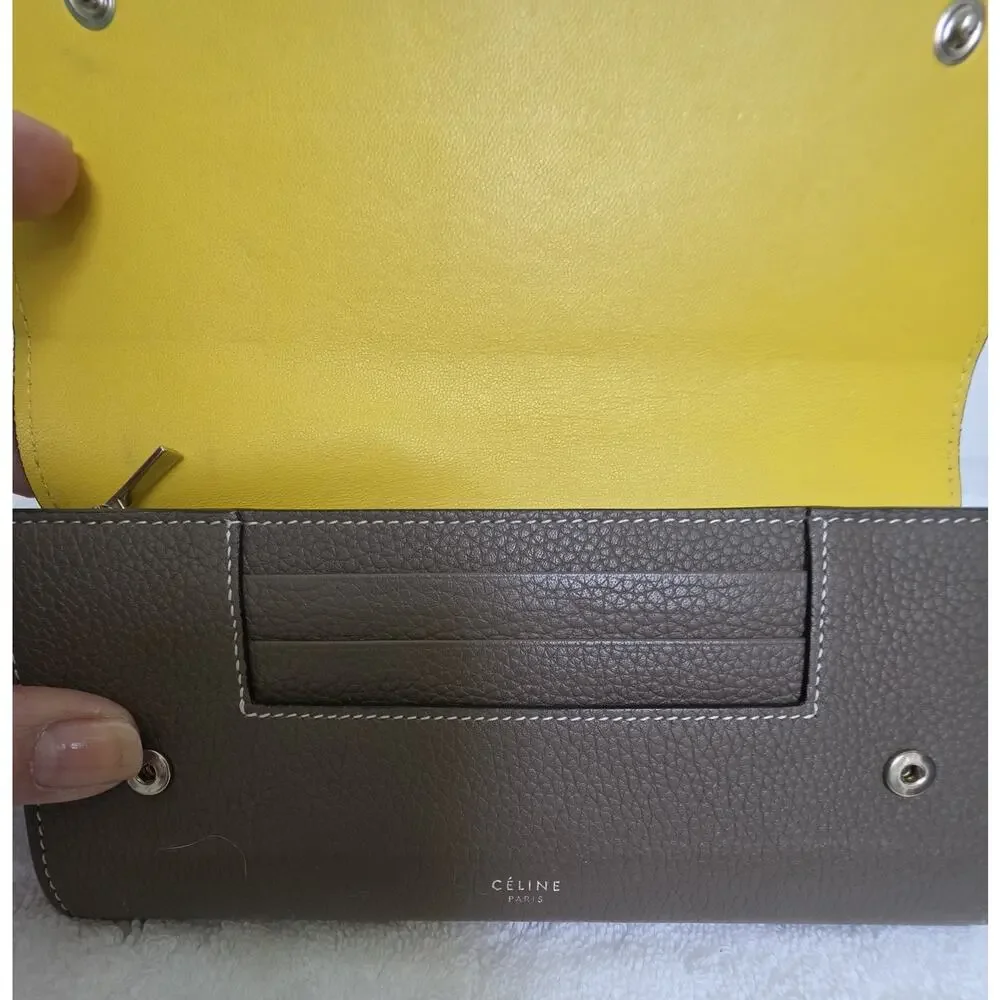CELINE Women’s Long Snap Wallet, Yellow Interior, Zip Coin, Cards w/COA